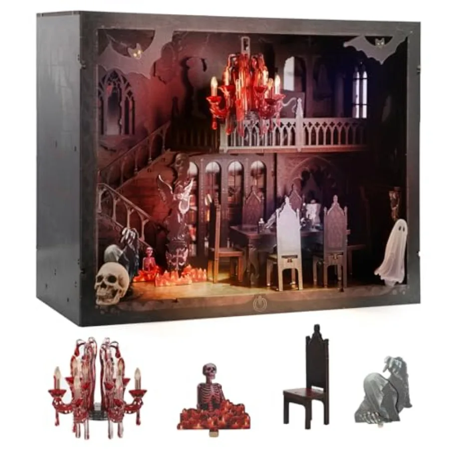 

DIY Miniature House Kit with LED Lights - Gothic Book Nook Decor 3D Wooden Puzzle for Adults Halloween Home Decoration AAA Batt