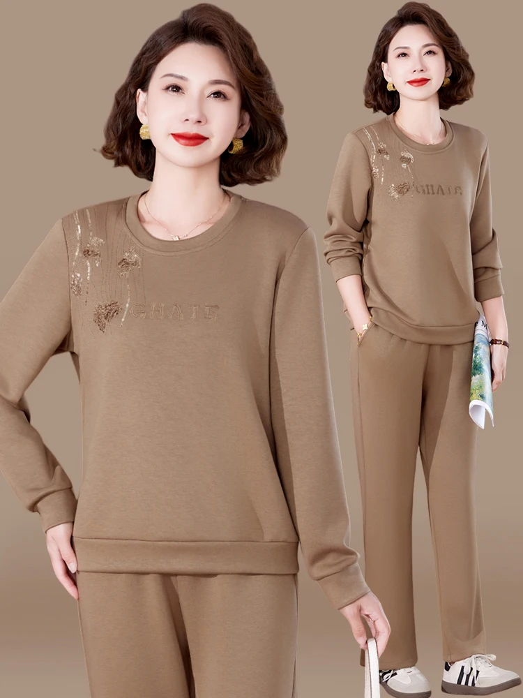 

Ele Mid-Aged Women's Sportswear Set Casual Sweatirt Spring Collection New 2025 Faion Loose Fit Long Pants round Ne