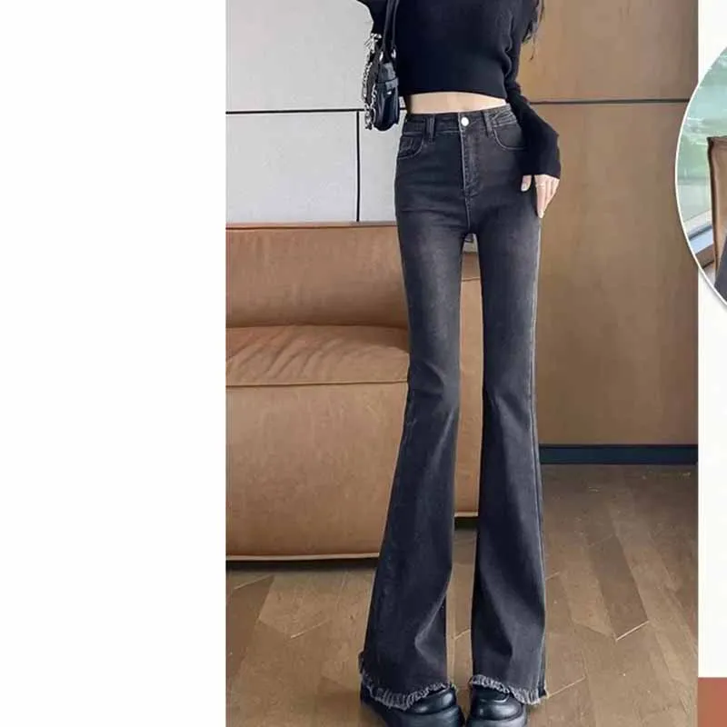 

Female Spring Autumn High Waisted Micro Flared Burr Edge Jean Women New Elastic Elastic Slimming Flared Tight Fit Horseshoe Pant