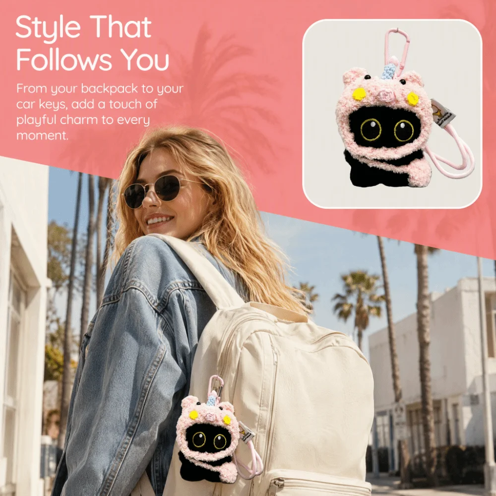 Made Black Cat Keychain Lightweight Comfortable To Touch Cartoon Bag Charm Squeaky Function Sturdy Hanging Clasp Stuffed Pendant