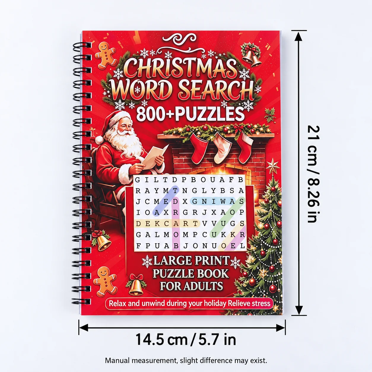 Christmas Word Search Puzzle Book, 800+ Large Print Puzzles Spiral Bound For Adults Holiday Stress Relief Activity Xmas Gift