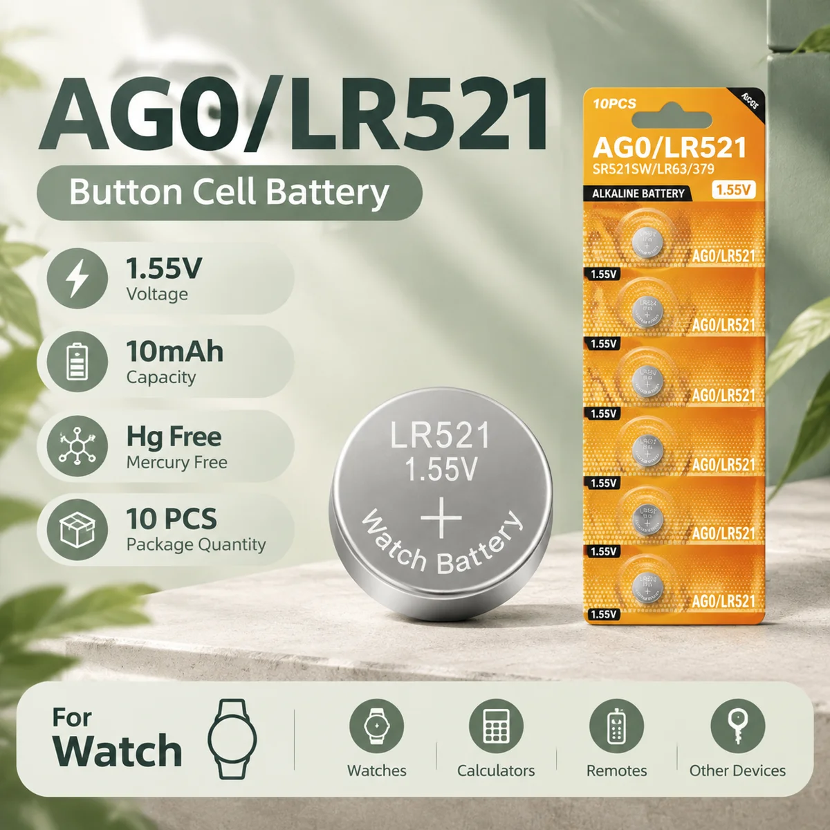 LR521 AG0 1.55V 10mAh Button Battery, 2-10PCS Alkaline Silver Oxide Coin Cells For SR521SW 379A 379 179 D379 SR63 Watch Battery