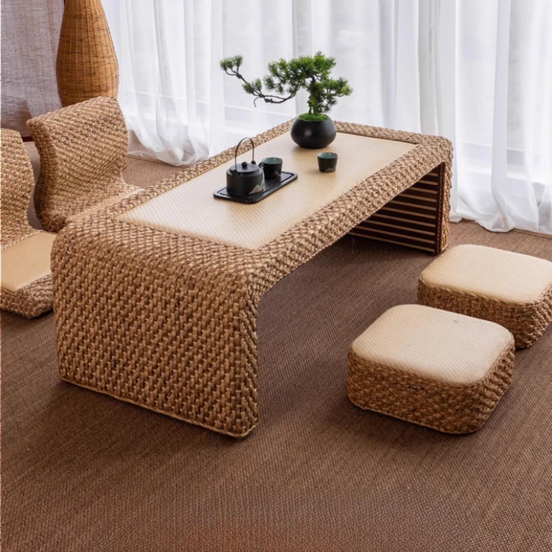 Rattan Weaving Tatami Tea Table Japanese Style Low Coffee Tables Compact Floor Desk for Living Room