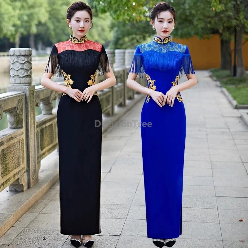 2025 أنيقة عصرية للحفلات الراقية تشيباو أداء مزاجي متقدم شيونغسام ريترو مرقعة عرض صيني تشيباو