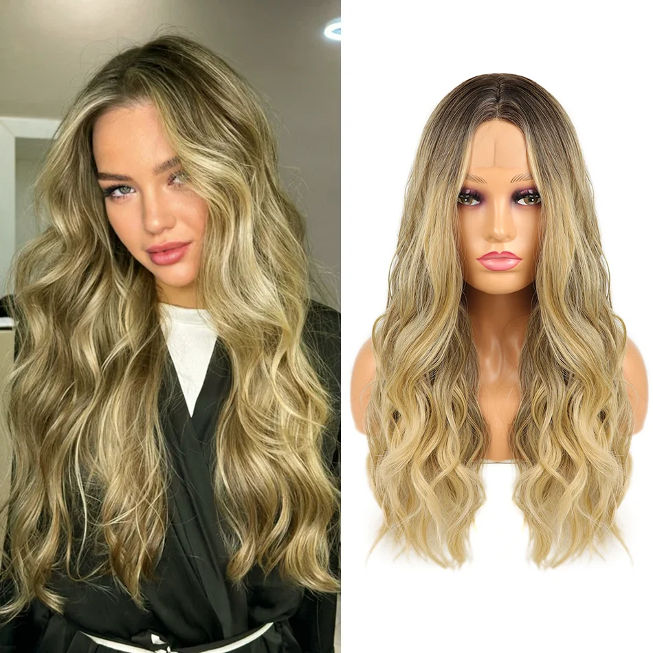 

Synthetic Long Lace Front 2*4 Wavy Wig for Women 24inches Middle Part Curly Natural Looking Heat Resistant Fiber for Daily
