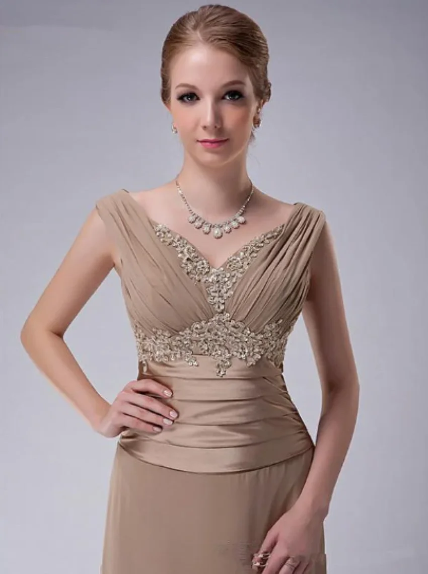 

V-Neck A-Line Sleeveless Lace Applique Beads Formal Wedding Party Evening Prom Gowns Vintage Khaki Mother of the Bride Dresses