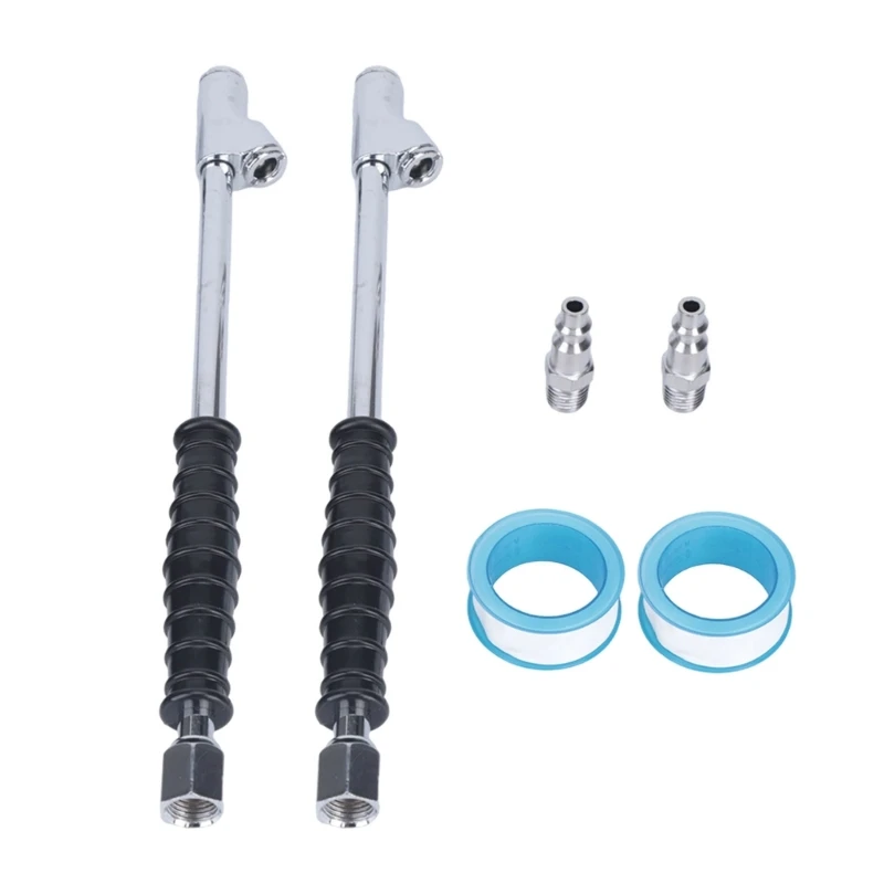 Air Chuck Manual Tire Inflator Chuck with Twin Head Access 10.2 Inch Long Handle Metal Body Black Rubber Grip for Car Motorcycle