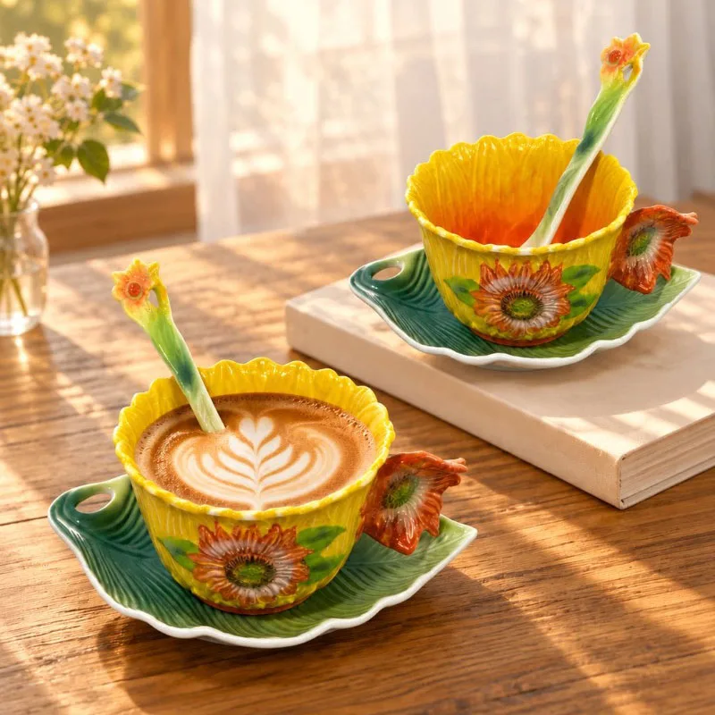 Sunflower Embossed Ceramic Coffee Cup and Saucer Exquisite Afternoon Tea Coffee Cup Home Flower Shaped Breakfast Milk Mug Gifts