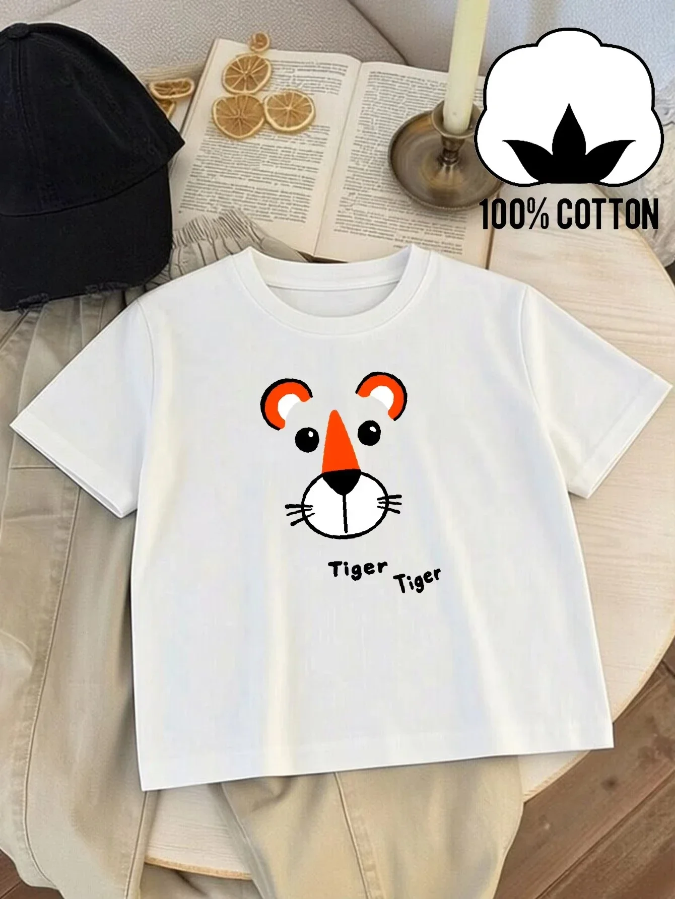 Tiger head orange nose and ear print summer girls and boys short sleeved personalized cotton T-shirt