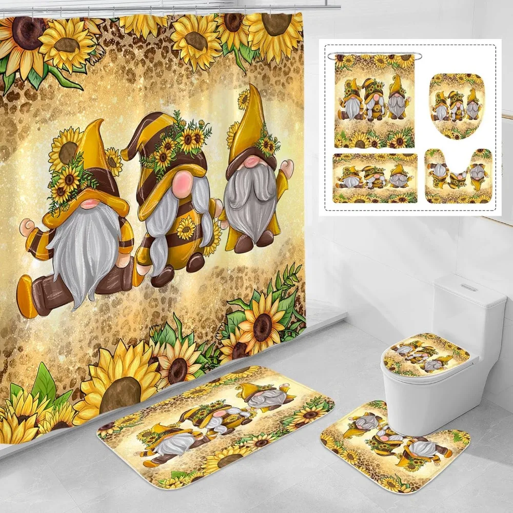 

Набор занавесок для душа с подсолнечными гномами, нескользящими ковриками, крышкой для унитаза и ковриком для ванной, деревенским декором для ванной комнаты в фермерском доме.