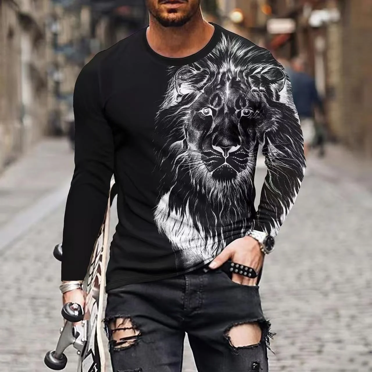 

2025 Trendy Cool Lion Pattern 3D Printed Men's Long Sleeve T-shirt Animal Graphic T Shirts Autumn Casual Tops Street Y2k Clothes