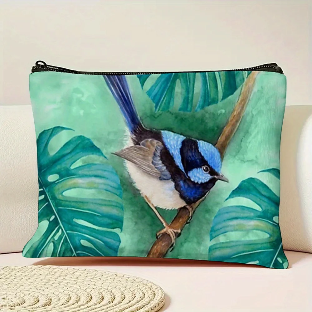 1 Piece Palm Leaf and Bird Design Makeup Bag - Multifunctional Zipper Pouch for Women, Perfect Travel Zipper Storage Bag, Fun Birthday Gift