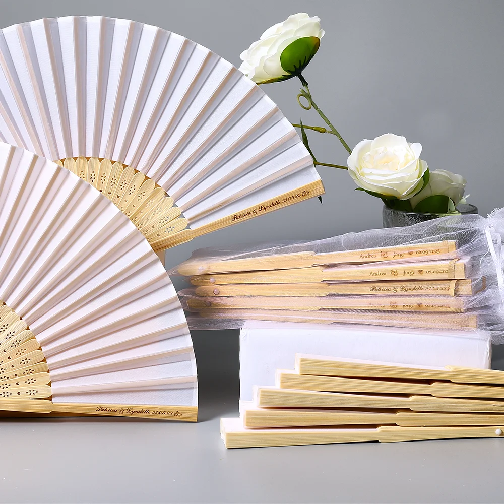 30-70 PCs Personalized Engraved folding silk hand fan with gift bag,  Customized personalized, custom wedding fans decorate