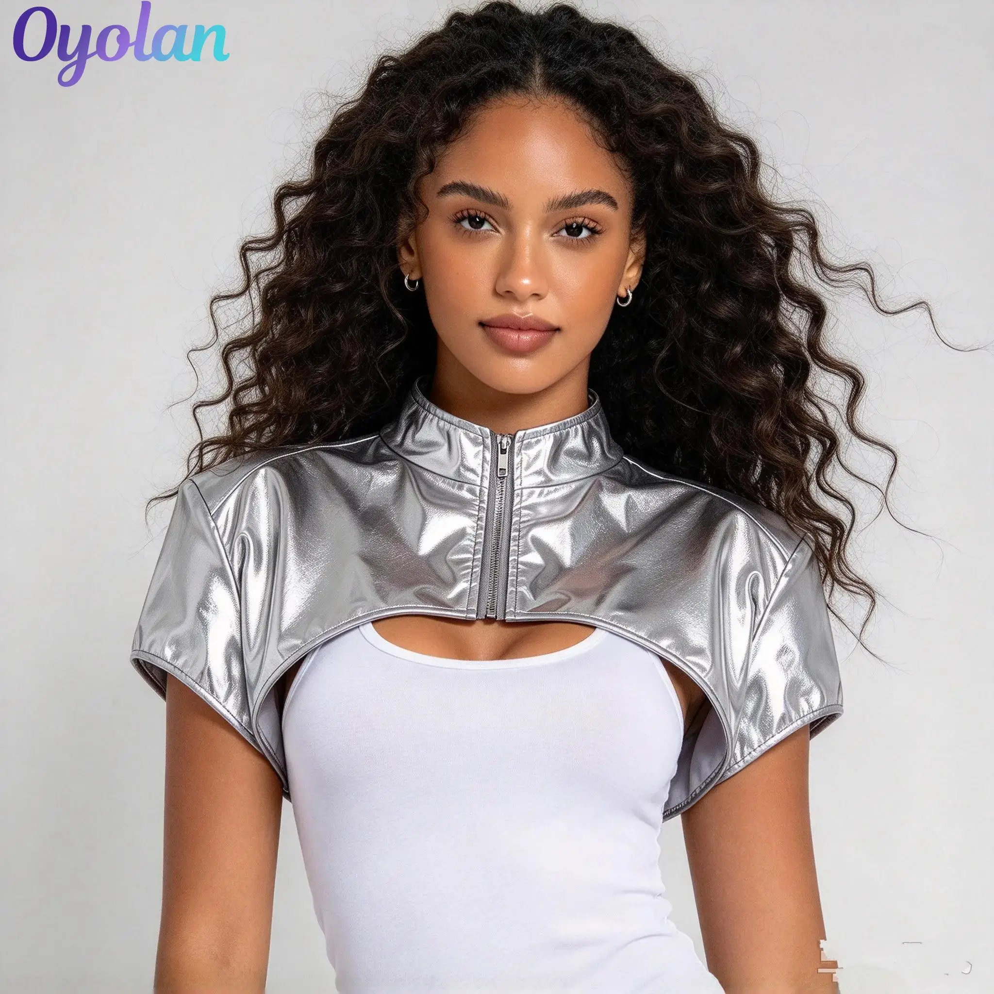 Women Front Zipper Stand Collar Cropped Shrug Jacket Tops Metallic Finish Shoulder Pads Bolero Outerwear Performance Costume