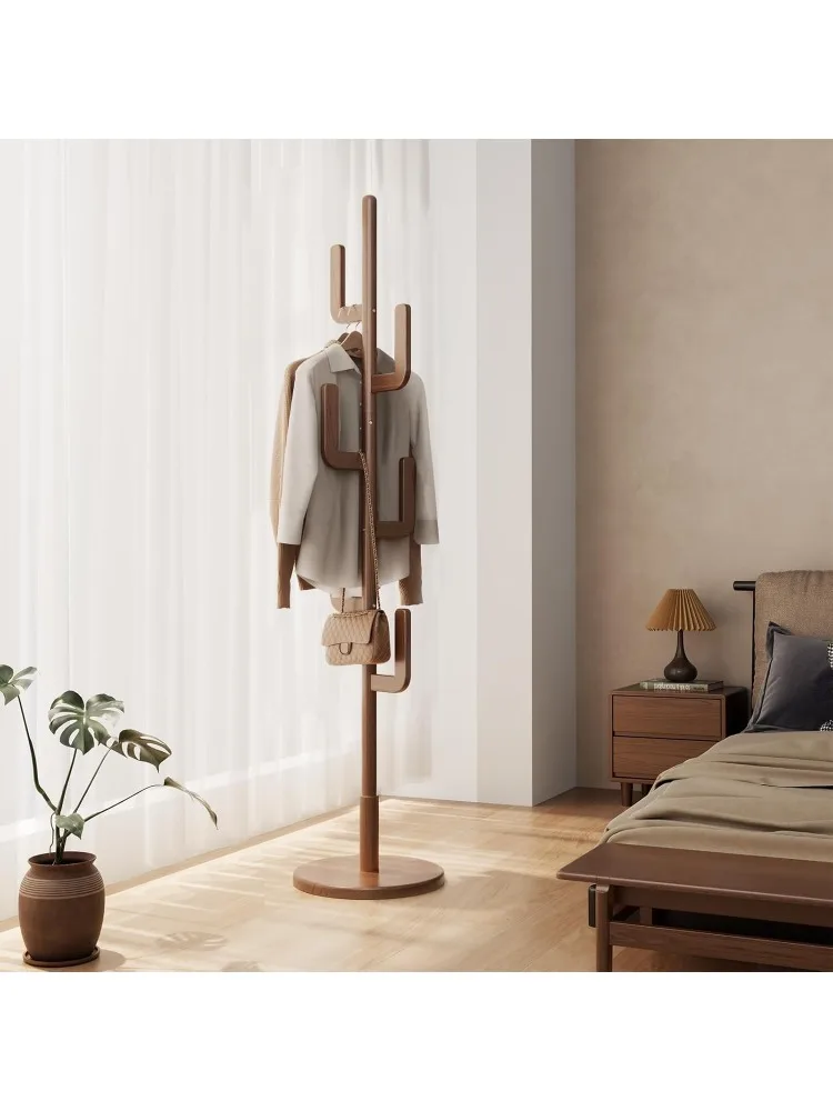 Coat Rack, Solid Wood Cactus Coat Rack Stand, Freestanding Coat Rack with 6 L-shaped Hooks and 3 Adjustable Sizes