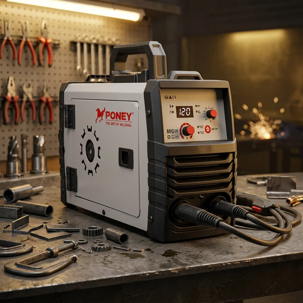 Máquina de Soldadura Inversora Portátil Poney 3 en 1 MIG/MMA/LIFT TIG 3.7kVA MIG-120A Sin Gas para Acero Inoxidable y Acero al Carbono