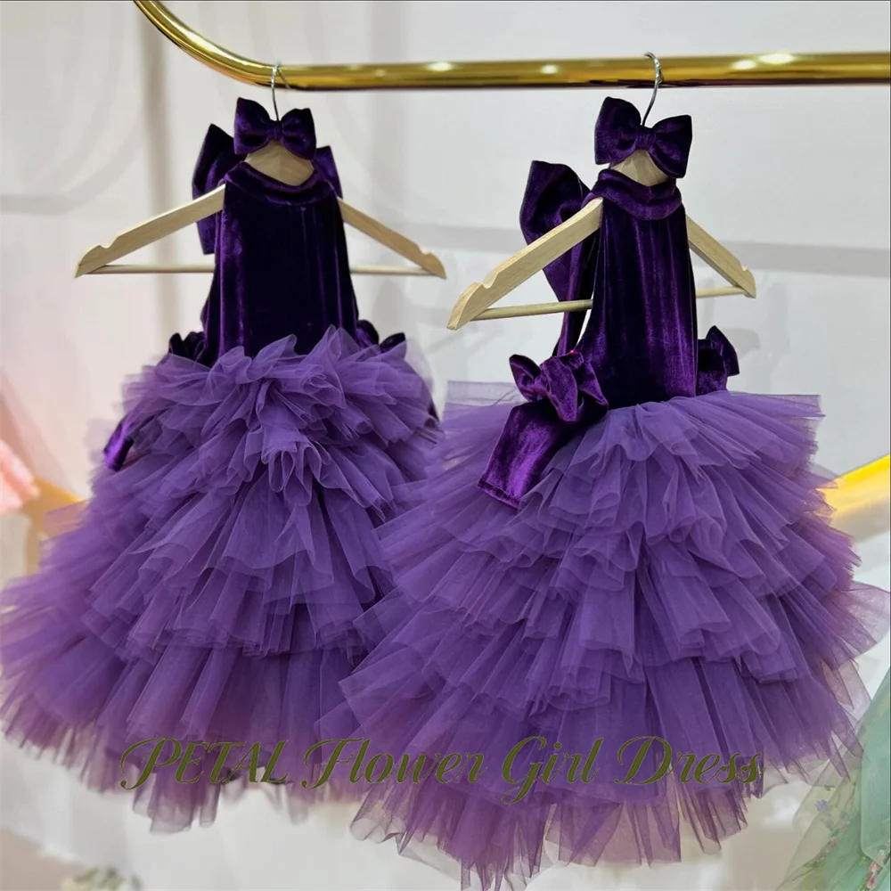 Petal Deep Purple First Communion Gown Round Neck Sleeveless Girls Princess Dress Back Neck Large Evening Party Dress for Girls