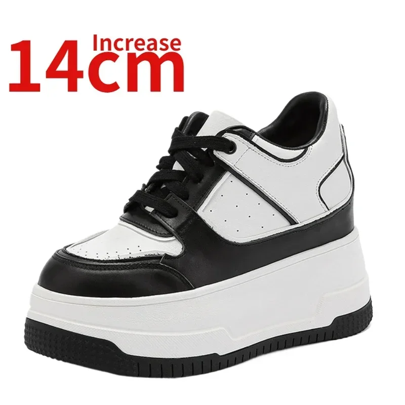 Genuine Leather Black/White Shoes for Women's Invisible Increased 14cm Ultra Light Thick Platform Leisure Fashion Elevated Shoes