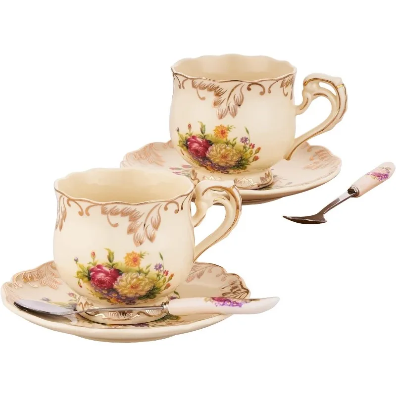 European Porcelain Tea Cups and Saucers Set,Vintage Floral Tea Cups Set,Ivory Gold Trim Floral Coffee Cups Set 8 (Set of 2)