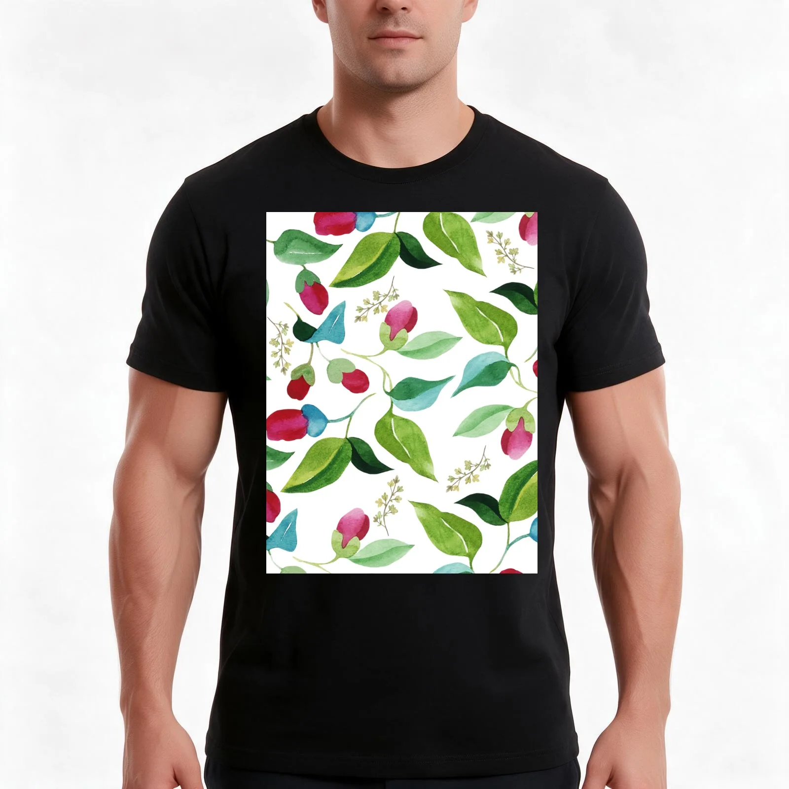 Hand painted red pink green watercolor floral pattern T-Shirt Summer Casual Cotton Tee Oversized Streetwear Tops 100% Cotton