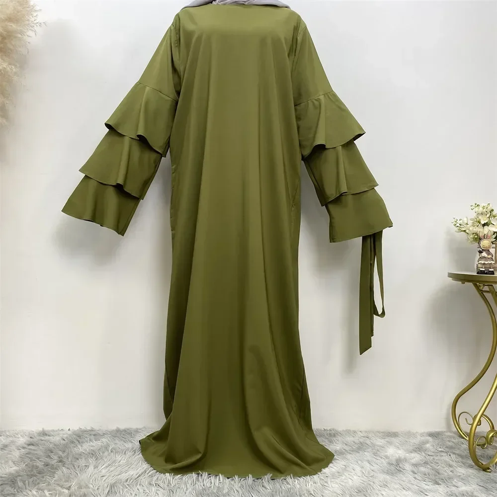 Solid Women Dress 2023 Multilayer Long Sleeve Abayas for Women O-neck Elegantes Party Evening Long Dress Lace-up Women Clothing