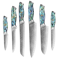 Stylish Durable Sharp Chef's Knife 1-6PCS Set Abalone Shell Handle Damascus Steel Blade For Cutting Meat, Fruits and Vegetables