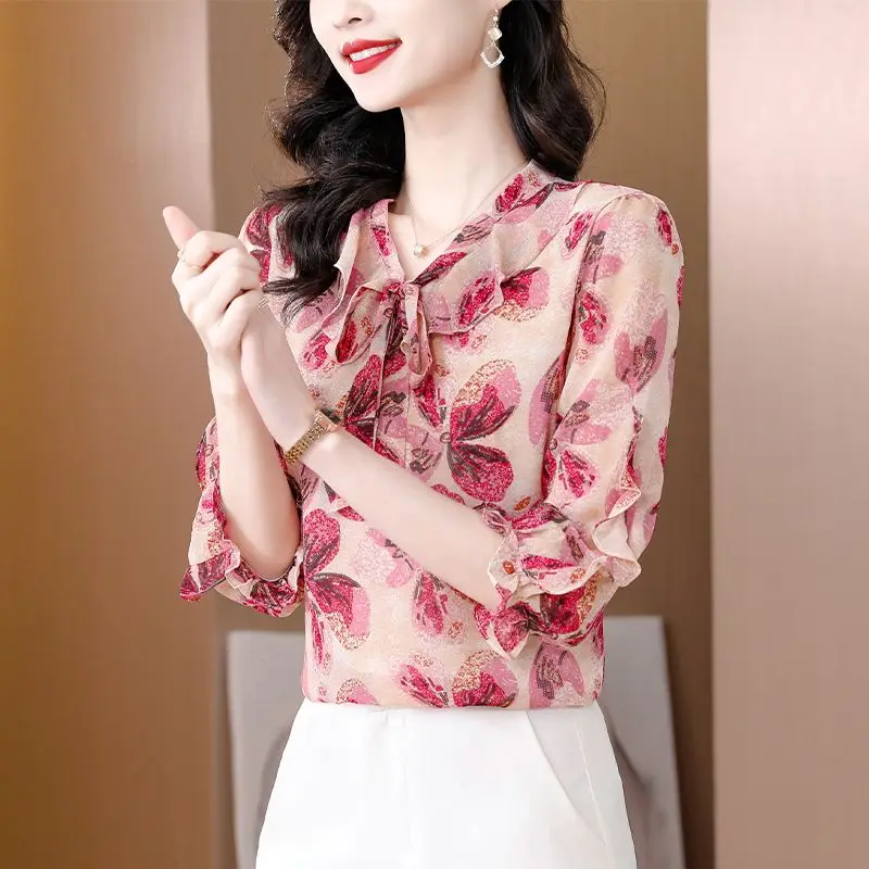 Vintage Printed Ruffles Lace Up Bow Floral Shirt Women's Clothing 2023 Summer New Oversized Casual Tops Office Lady Blouse