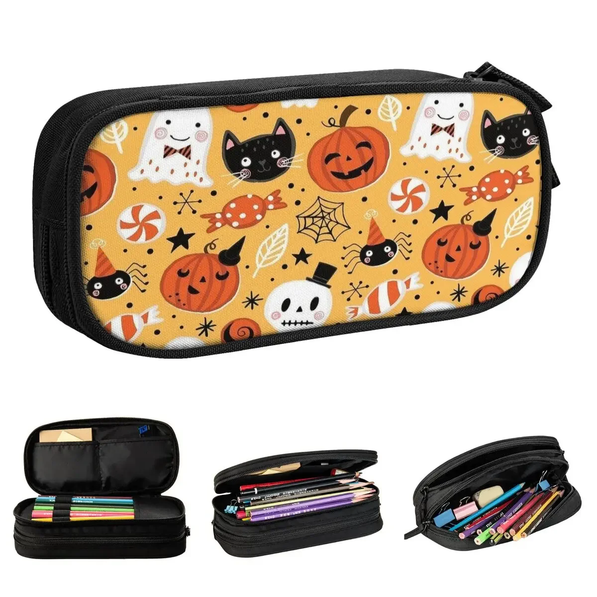 Fun Cute Halloween Cartoon Ghost Pumpkin Pencil Case Pencilcases Pen for Student Large Bag School Supplies Gifts Stationery