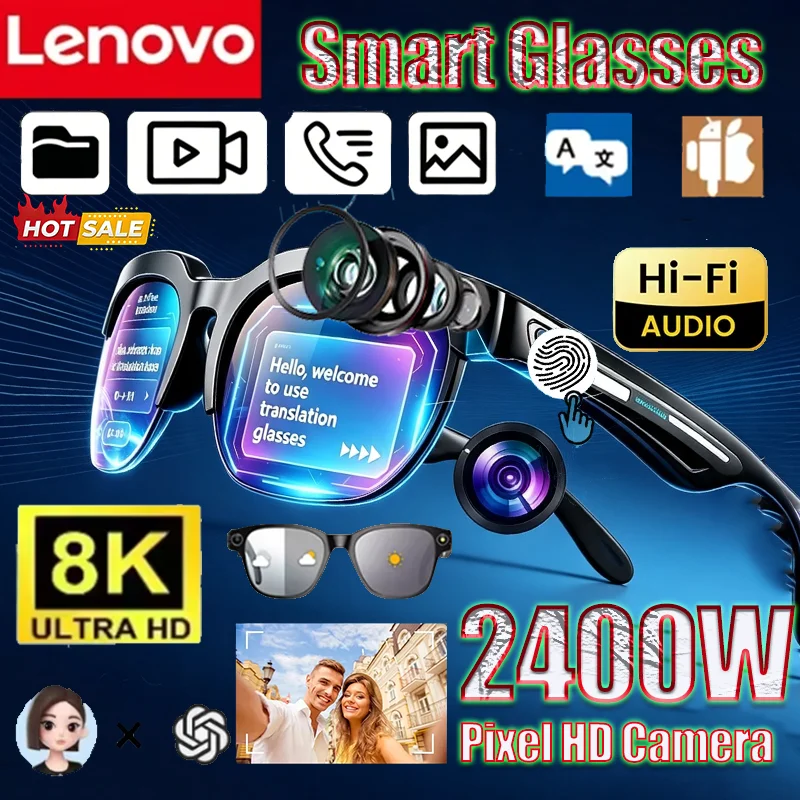 Lunettes intelligentes Lenovo 8K AI pour hommes et femmes, 2400MP, appels mains libres, traduction, chat IA, enregistrement, lecture de musique, lunettes de soleil intelligentes