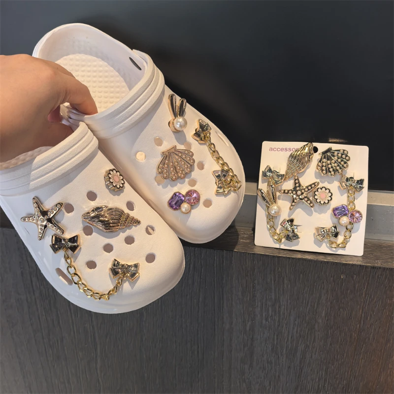 8pcs Golden Ocean Marine Style Shell Shoe Charms Removable ABS Resin Rhinestone Conch & Starfish Decorations Party Gifts ﻿