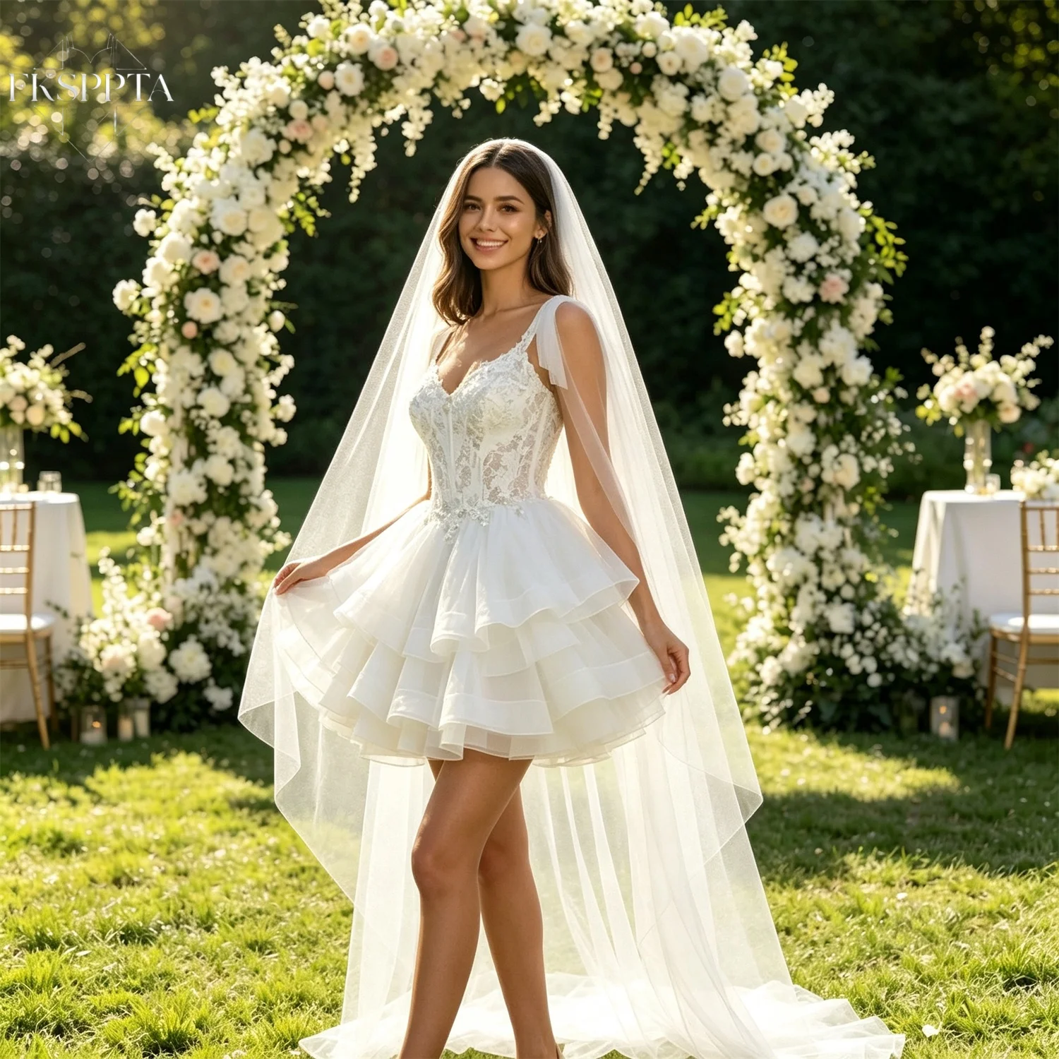 Garden Outdoor Short Wedding Dress V-Neck Spaghetti Straps Lace Applique Bodice Tiered Ruffle Tulle Mini Bridal Gown Plus Size