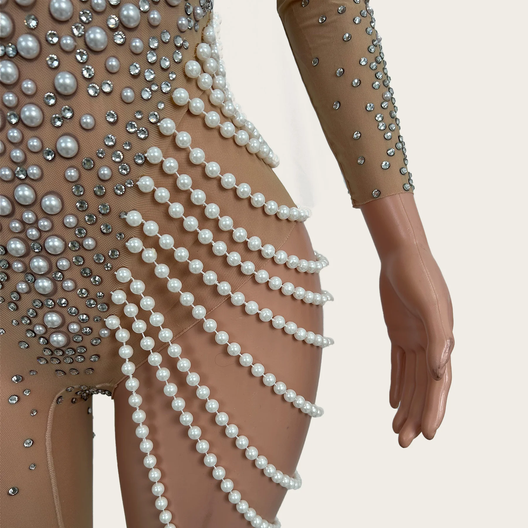 Traje de Showgirl Sexy Transparente con Malla y Perlas, Mono Ajustado Asimétrico con Cristales Brillantes para Mujer, Ropa de Fiesta y Escenario jiezhi