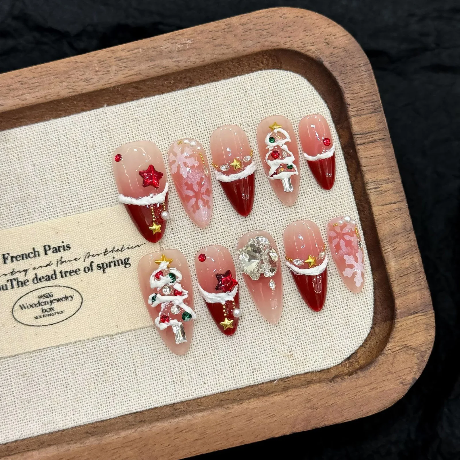 10PCS Christmas Theme Fake Nails with Glitter Rhinestone Design Red French Almond False Nails Wearable Cat Eye Press on Nails