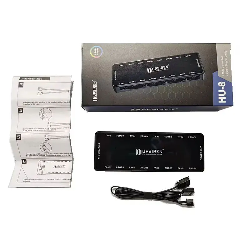 UPSIREN HU-8 Black Fan Hub ARGB Divine Light Synchronization PWM Magnetic Two-In-One 3PIN Lighting 4PIN Temperature Control