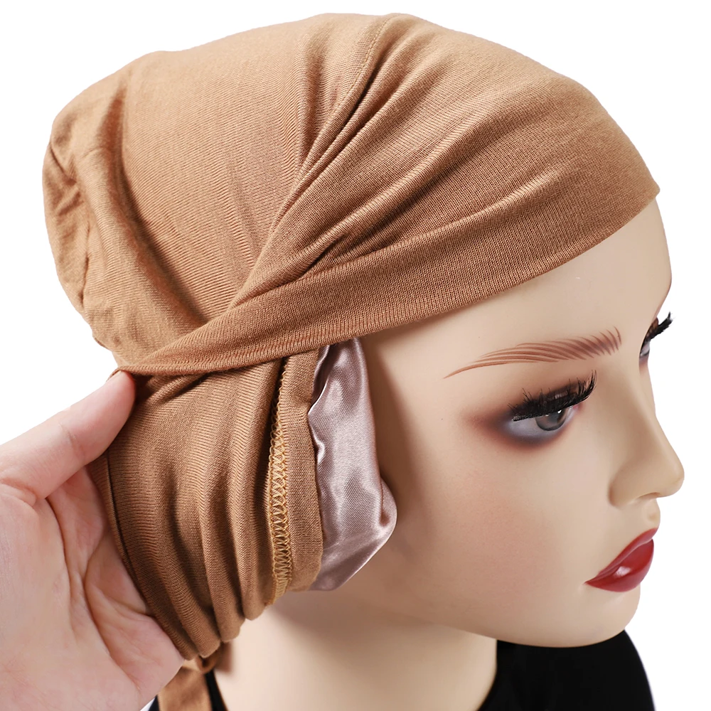 Double Layer Soft Satin Jersey Hijab Cap Islamic Head Wear Hat Underscarf Tie Bonnet Turkish Scarves Muslim Headcover Double La