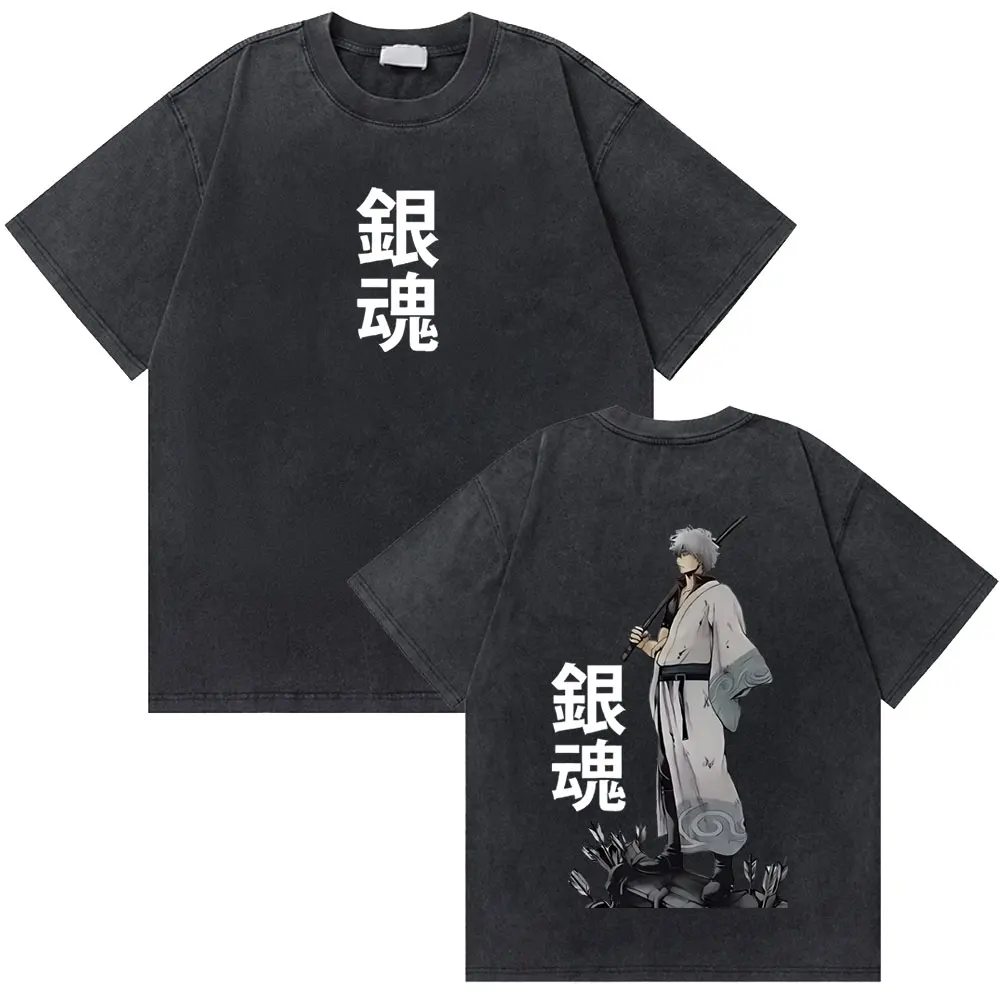 Washed Vintage Anime Gintama Sakata Gintoki Graphic T Shirt Men Women Casual Oversized T-shirt Men's Cartoon Manga Streetwear