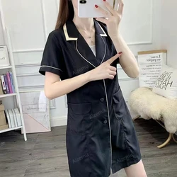 Black Beauty Salon uniform short-sleeve Beautician Work Clothes Women lab Coat White beautician robe middle pink dress logo