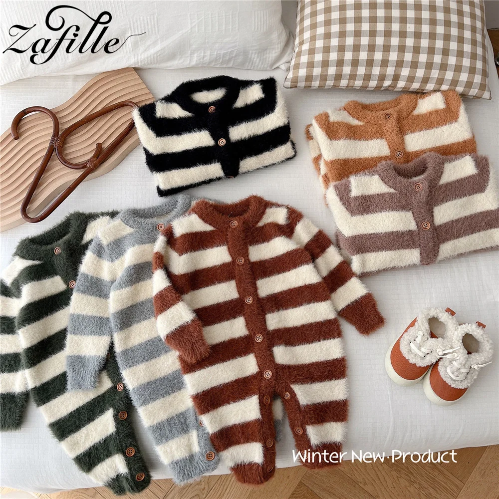 

ZAFILLE Mink Velvet Baby Rompers Striped Jumpsuit For Newborns Sleepwear Winter Kids Girls Clothing Korean Style Boys Costume