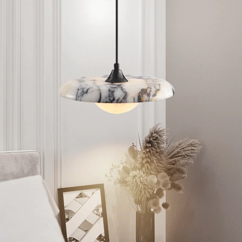 Luxury Black Round Natural Stone Pendant Lamp High-end Bedroom Bedside LED Chandelier Living room Decoration Home Hanging Lights