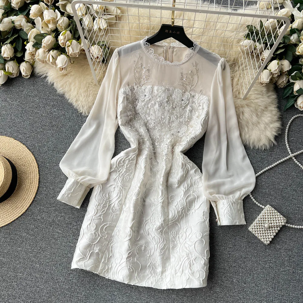 Spring Autumn Women's High Waist Luxury Heavy Work Beaded Jacquard Mesh Spliced Beige Dress