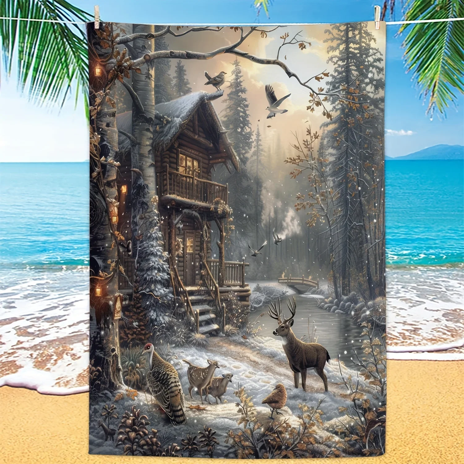 

Winter Forest Beach Towel, Deer Cabin Print, Quick Dry Microfiber, Oversized for Beach Pool, Gift for Him