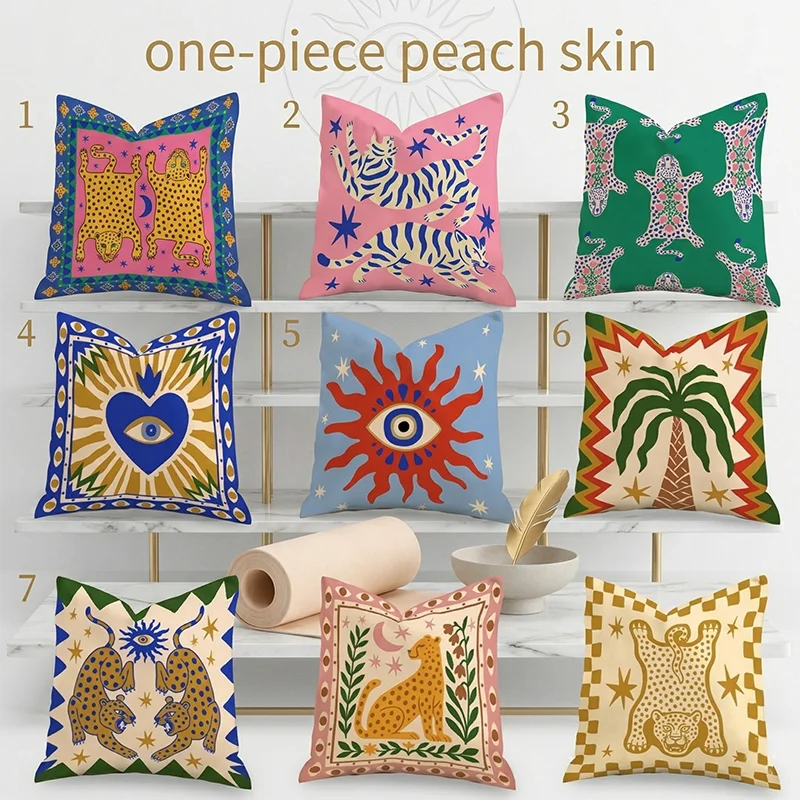 

Boho Retro Animal Cushion Cover Pillow Cover Leopard Palm Tree Throw Pillow Case Sun Evil Eye Sofa Living Room Decor Peach Skin