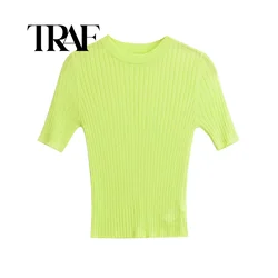 TRAF Short Sleeved Knitting T-shirt Woman Spring Round Neck Corset Slim Solid Color Multiple Colour All-match Short Tops