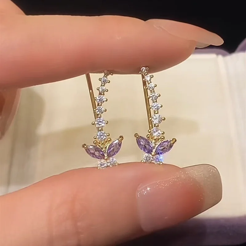 Sweet Purple Zircon Butterfly Stud Earrings For Women Personality Exquisite Crystal Earrings Jewelry Valentine's Day Gifts