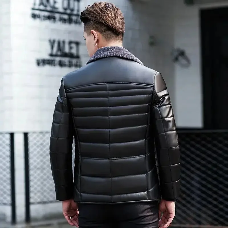 Winter Sheepskin Down Jacket Men's Genuine Leather Korean Slim Fit Flip Collar Short Men Puffer Man Coat