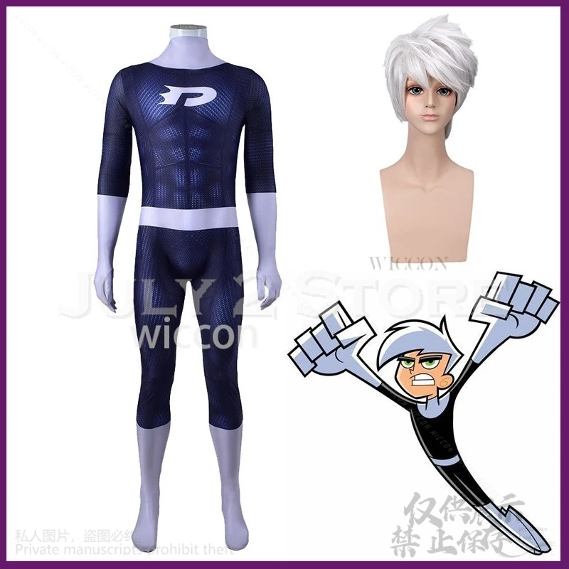 Anime Danny Phantom Cosplay Costume Printed Superheroo Halloween Bodysuit Zentai Suits Danny Fenton Cosplay Jumpsuit Adults Kids