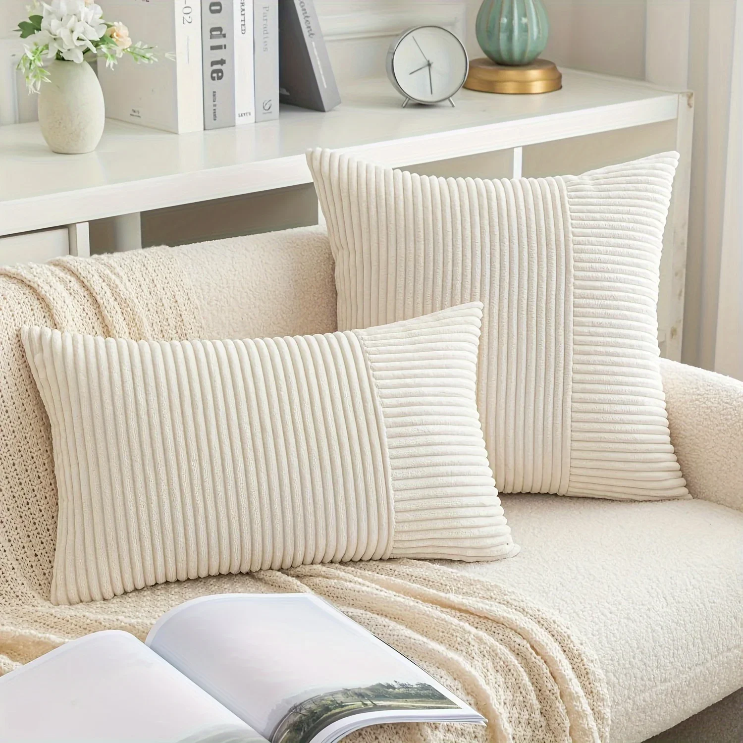 Simple Style Polyester Cushion Cover stripe Pillow Cover White Beige Pink Solid Color Pillowcase for Sofa Living Room Home Decor