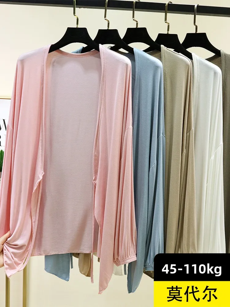 Modal Drawstring Sleeveless Cardigan Women Summer Thin Long Sleeve Loose Outerwear Short Jacket Transparent V-neck Casual Style