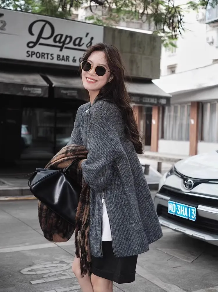 Autumn/Winter 100% Pure Wool Sweater Casual Knitted Ladies Tops European/American Loose Round Neck Pullover Thick Long Blouse