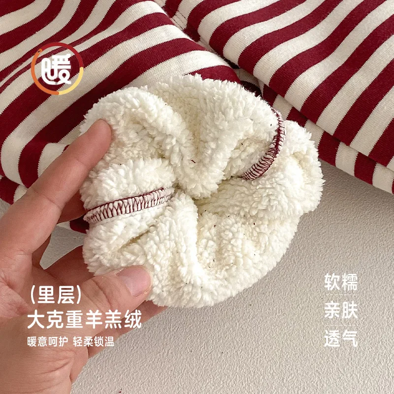 Children's Velvet Sanitary Pants 2025 New Winter Girls' Thick Gold Ingot Festive Striped New Year's Clothing Baby Pants
